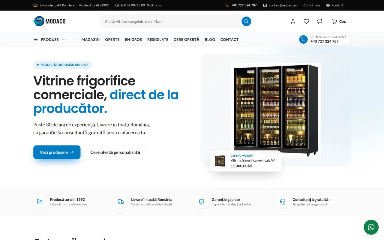 Captură din site-ul modaco.ro — Vitrine frigorifice, magazin online construit la comandă